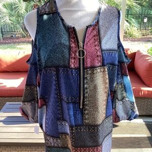 Patchwork Pattern Cold Shoulder Blouse (Color: Multi) (Size: Large & Medium)